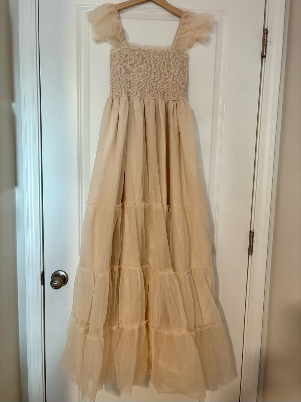Cream Tulle Maxi Skirt with Ruffled Straps